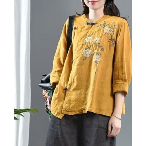 Blouse Femme Blusas Plus Size Spring New Arts Style Women Vintage Button Stand Collar Loose Shirts Cotton Linen Embroidery