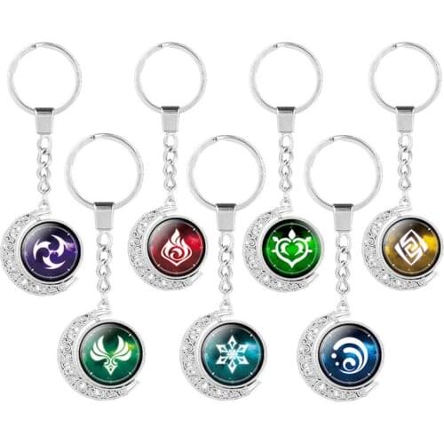 Anime Game Genshin Impact Double-sided Keychain 7 Element Eye of God Glass Cabochon Jewelry Rotable Pendant Keyring for Fans