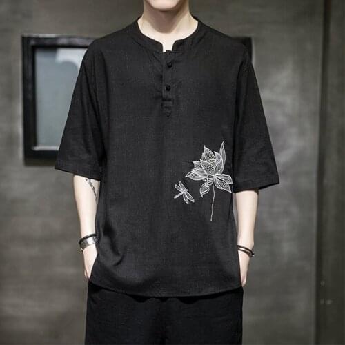 MenS Solid Color T Shirts Vintage 2021 Fashion Man Chinese Style Cotton Linen Short Sleeve T-Shirt Tops Streetwear Camisa 30383