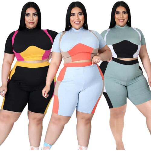 Plus Size 5xl 2 Piece Sets Womens Outfits Summer Color T-shirt Top And Shorts Stitching Stretch Casual Shorts Sets Wholesale