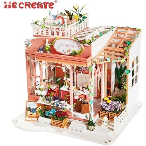 IiE Create Dollhouse Miniature Flower Shop Wooden Doll House with Furniture Led Light Diy Toys for Children Birthday Gift