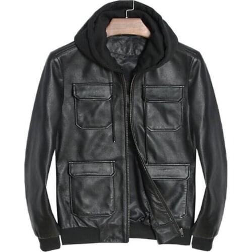 Genuine Leather Jacket Hoodie Men Motorcycle Real Sheepskin For Men Vintage Winter Spring Hooded Casual Black Slim Fit Coats Top