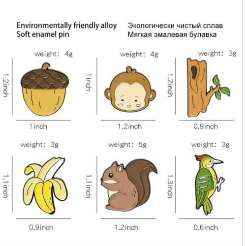 New 20Pcs Monkey Squirrel Woodpecker Banana Alloy Brooch Badge Lapel Pin Action Figure Toy