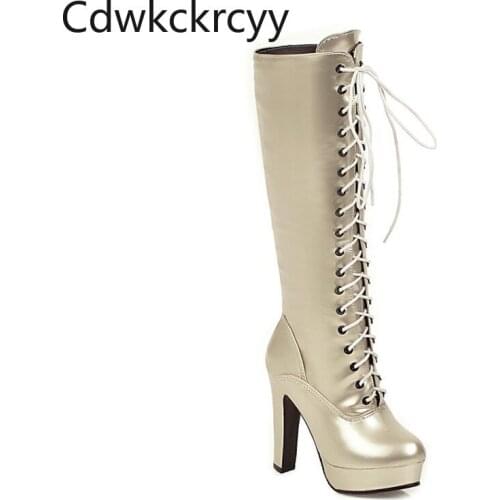 Winter The New fashion Round head 12CM Thick heel Tall tube Knight boots Bandage Plus cashmere Keep warm High heel Women boots