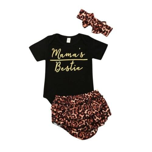 Baby Girl Clothes 3Pcs Newborn Baby Girls Short Sleeve Bodysuit Ruffles Leopard Pants Shorts Outfit Set