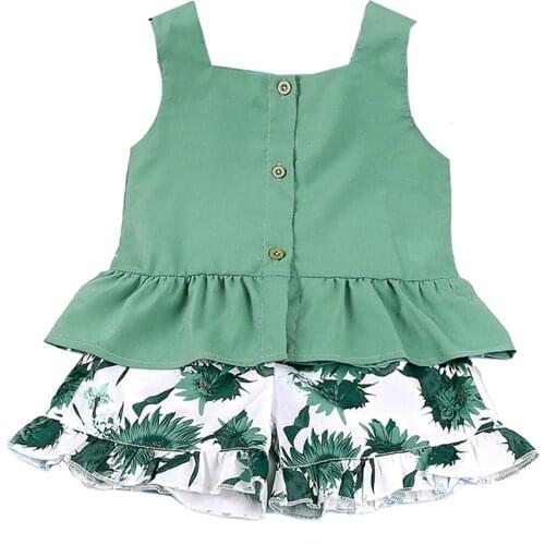 New Girls Casual Two-piece Clothes Set, Green Solid Color Square Collar Camisole and Floral Printed Pattern Shorts