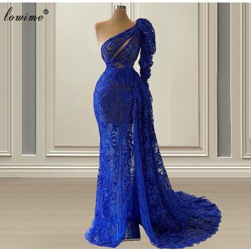 Plus Size Royal Blue Evening Dresses Long One Shoulder Vestidos Formales Mermaid Beads Wedding Party Dresses For Women Robes