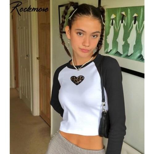 Rockmore Patchwork Leopard Heart Cute T Shirt Women Y2K Long Sleeve Crop Tops Casual Slim Basic Streetwear Cotton T-Shirt Tees