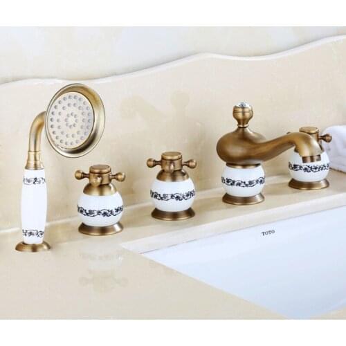 Vidric Antique brass golden 5piece Bathtub fauce bathroom faucet for hot and cold Sink faucet Double handle 5 hole 5pcs/set