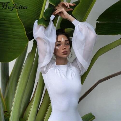 Hugcitar 2020 Mesh Patchwork Long Puff Sleeves Sexy Bodysuit Winter Women Fashion Streetwear Outfits Pure Body