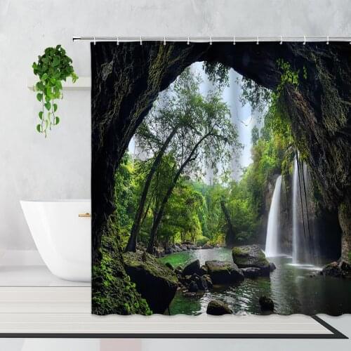 3D Landscape Forest Waterfall Shower Curtain Green Jungle Cliff Fabric Printed Bathroom Decor Waterproof Bath Curtains With Hook