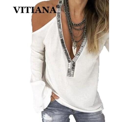 VITIANA Deep V-Neck Sexy Tshirt Women Spring 2019 Female Off Shoulder Long Sleeve Casual T-Shirt Femme Beach Party Black Tops