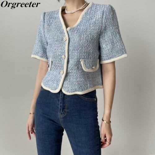 Summer Chic Korean Short Sleeve Plaid Woolen Jackets Women Fashion Elegant Office Lady V-neck Button Outwear Crop Tweed Tops