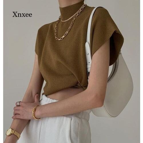 Elegant Turtleneck T Shirt Women Solid Color 2021 Summer Tank High Street Chic Short Sleeve Tees Office Ladies Knitted Tops