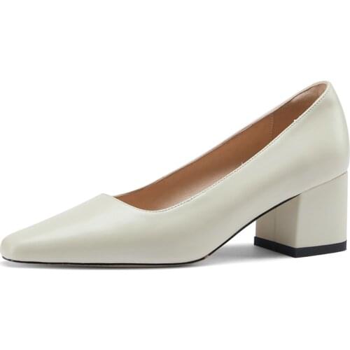 SmallHut New Spring Women Pumps Office Ladies Genuine Leather Beige Black Apricot Elegant Woman Square Toe High Thick Heels M050