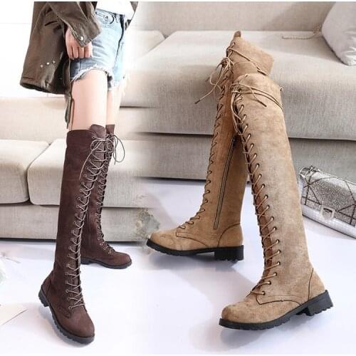 Women Over Knee Boots Girl Round Head Fastened Female Boots Frenulum Square Heels Boots Hot sale 2020