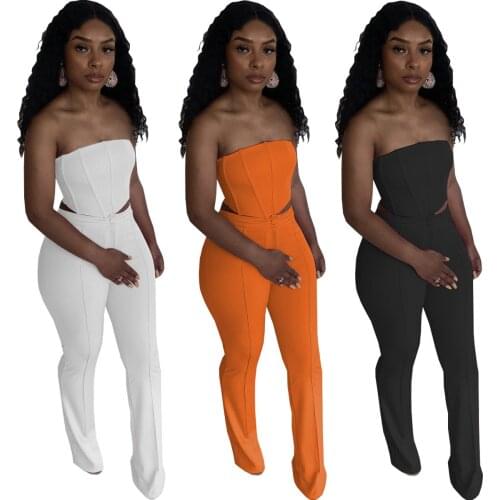 Womens Clothing Summer 2021 Two Piece Set Women Sexy Solid Color Wrap-Up Top with Zipper On The Back Trousers Pants Suit
