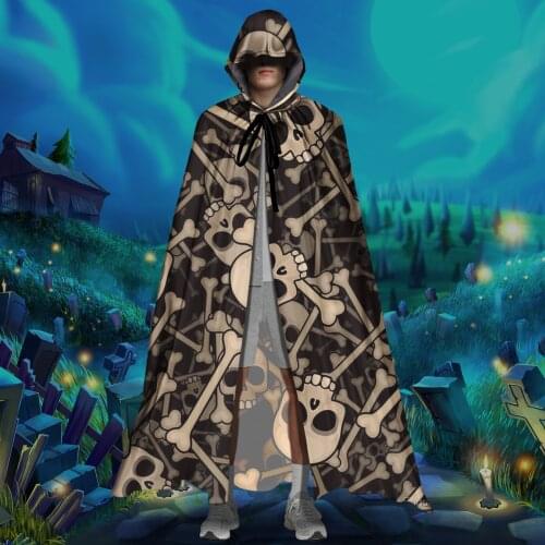 Punk Pile O Skulls Pattern Hooded Halloween Capes Wizard Vampire Witch Robe Adult Death Costumes Scary Play Cosplay Cloak 2021