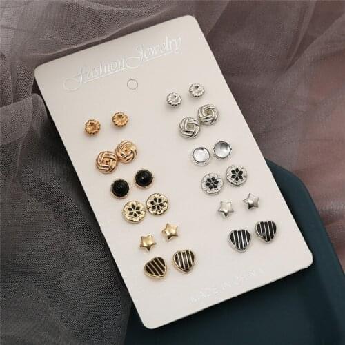 12 Pairs/set Stud Earrings for Women Bohemia Jewelry Vintage Gold Silver Color Geometric Heart Stars Earrings 2021 New