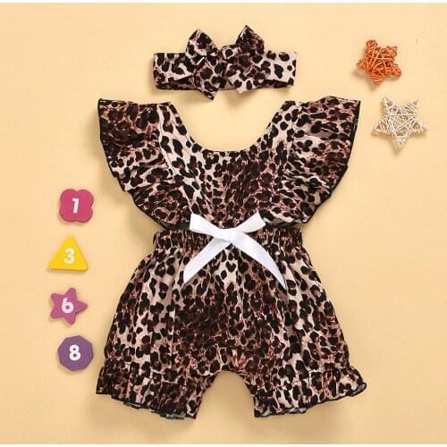 40# Baby Clothes Girl Leopard Print Romper Ruffle Flying Sleeve One Piece Bowknot Headdress Costume For Girls Set Одежда