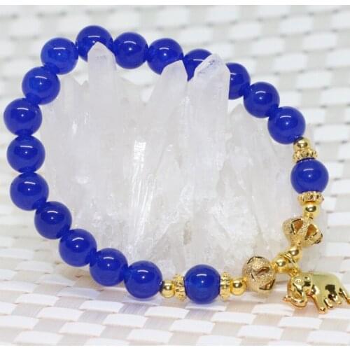 Gold-color bracelet accessories natural stone blue jades stone chalcedony 8mm round beads elastic for women 7.5inch B2010