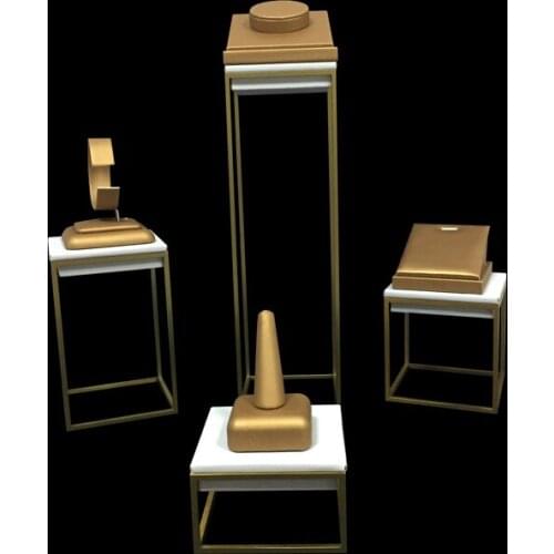 Stainless Steel White PU Window Jewelry Counter Showcase Gold PU Necklace Ring Bracelet Organizer Pendant Bangle Chain Stand Set