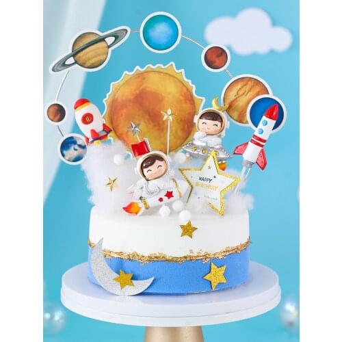1PCSHappy Birthday Baby Boy Space Aviation Astronaut System Cake Topper Dessert Table Dress Up Plugin Party Cake Decor Supplies