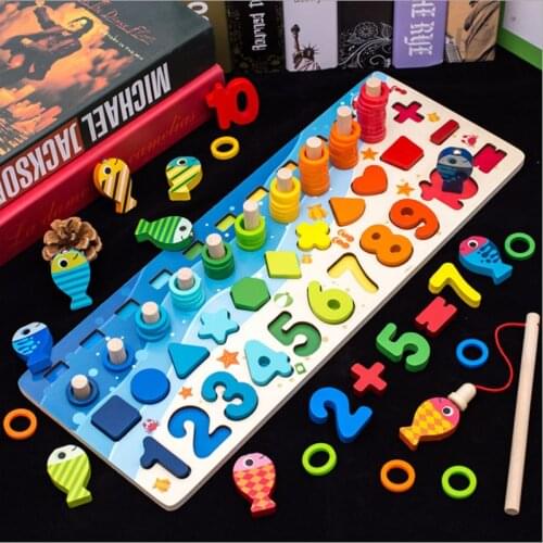 Children Montessori Educational Wooden Toys Kids Early Learning Infant Shape Color Match Board Toy Math Fishing Fruit Kids Gift