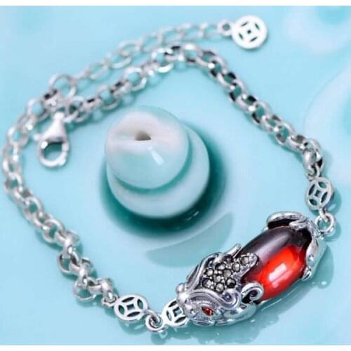Hot sale S925 Sterling Silver Bracelet Dragon Son Pixiu Red Agate Bracelet