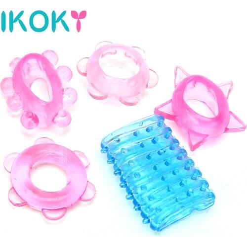 IKOKY 5 pieces/lot Silicone Penis Sleeve Sex toys for Men Male Cock Ring Delay Ejaculation 5 Different Penis Ring Erotic Toys