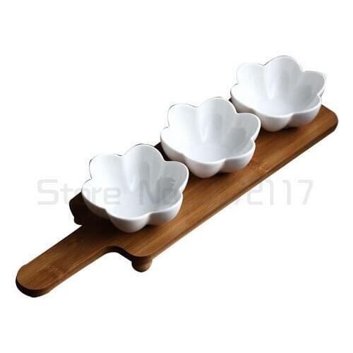 Nordic Art Ceramic Fruit Grid Platter with Wooden Tray Living Room Dried Fruit Candy Plate Afternoon Tea Dessert Melon Seed Dish