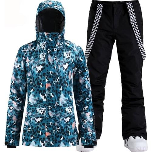 Fashion Brand Leopard Womens Snow Clothing Snowboard Wear Waterproof Costumes Winter Outdoor Suit Skiing Jacket + Bibs Pants