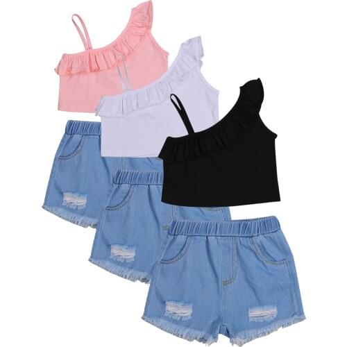 3-8Y Fashion Toddler Baby Girl Clothes Summer Solid Color Vest One Shoulder Tops Ripped Denim Shorts 2Pcs Outfits Clothes