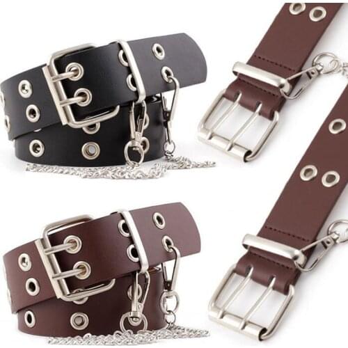 Womens Punk Style Fashion Belt Women Adjustable Black Belts Double Eyelet Button hole Leather Waist Band Personality Jeans Belt