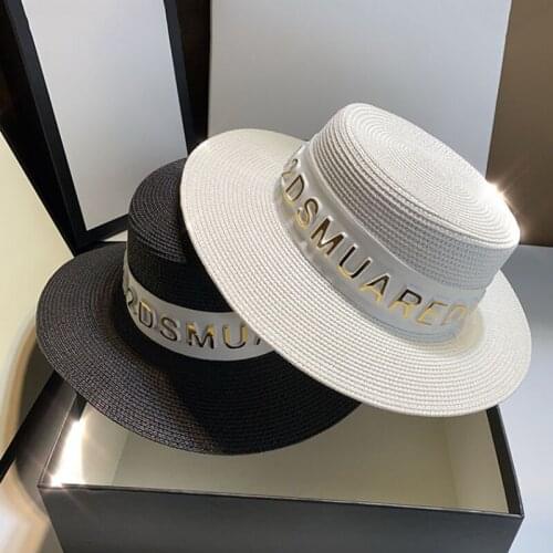 Summer Sun Alphabet Hats Women Girl Straw Hat Ribbon Bow Beach Hat Casual Straw Flat Top Letters Panama Hat