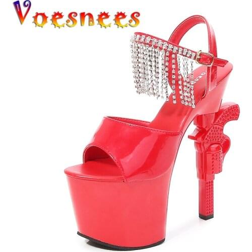 Voeseees Brand Womens shoes Sexy Strange Style Heel Platform Gun heel Fringe Thin Heels Stripers Dance Sandals Sexy Girls Shoes