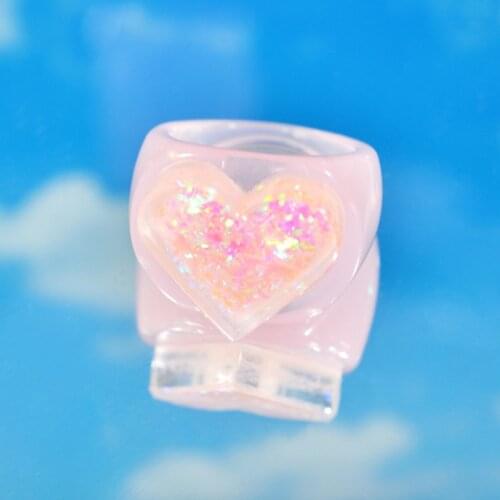 Y2K Jewelry Pink Shiny Heart Rings for Women Handmade DIY Harajuku Vintage Resin Rings Charms 90s Aesthetic 2021 New