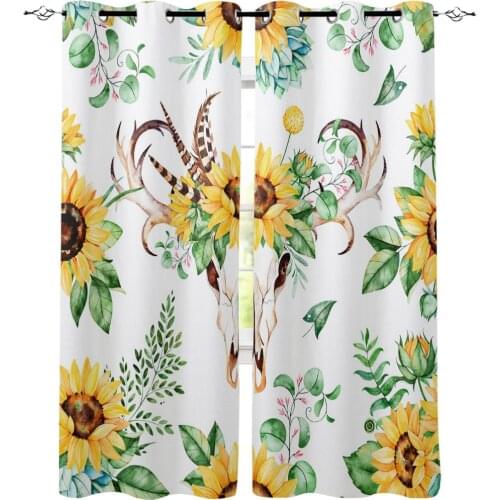 Sunflower Flowers Horns Feathers Leaves Window Treatments Curtains Valance Room Curtains Large Window Living Room Kitchen Decor