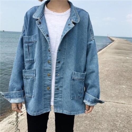 2021 Spring Vintage Women Basic Coats Casual Big pocket Denim Jackets Long Sleeve Loose Jeans Jacket Female Coat new Y063