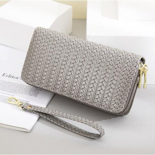 Double Zipper Womens Chain Wallet Long Multi Card Woven Handbag Large Capacity Patent Leather Mobile Phone Bag