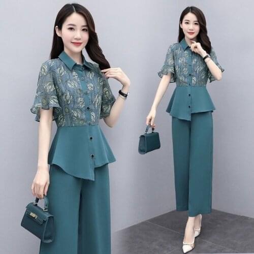 2021 Summer New Wide Leg Pants And Crop Top 2 Piece Set Womens Slim Fashion Leisure Office Suit Female Printed Blouse Clothing