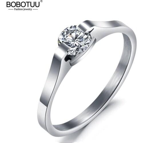 BOBOTUU Luxury Rhinestone Women Finger Ring High Quality Stainless Steel Wedding Ring Female Engagement Jewelry Anel BR19170