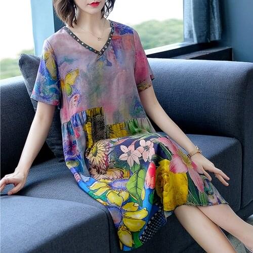 Imitate Real Silk Dress Fashion Plus Size Summer Women Dresses floral Printed Retro Dress Loose Lady Casual Beach Costumes