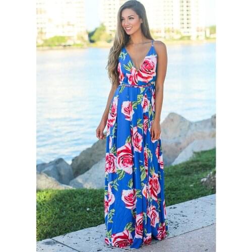Summer High Waist Women Spaghetti Strap Deep V-neck Sexy Backless Floral Print Blue Party Beach Dress Long Maxi Large Size 2XL