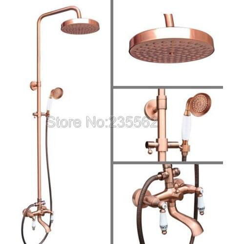 Red Copper Wall Mount 7.7 inch Rain Shower Faucet Set W / Dual Ceramic Handle Bathroom Tub Spout Mixer Tap lrg545