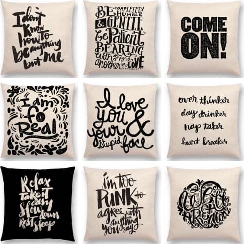 Black White Pattern Decorative Letters Funny Words Meaningful Saying Sentences Colorful Life Cushion Cover Sofa Pillow Case
