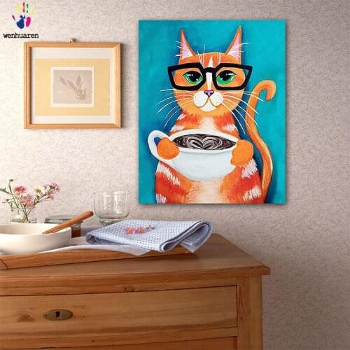 DIY colorings pictures by numbers with colors The cat with the coffee painting drawing painting by numbers framed Home