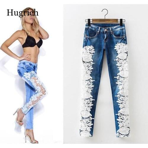 Mid-Waist Jeans With Lace Hollow Out Stitching Fashion full-Length Stretchable Tights Skinny Denim Sexy Date Femme Women Jeans