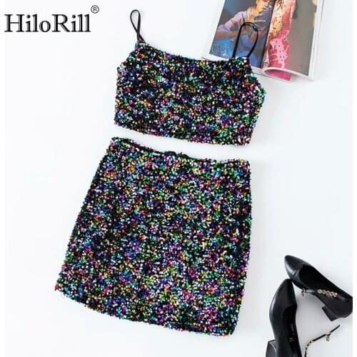 HiloRill Sexy Party Sequins Skirt Set Women Club Backless Short Tops Lady Bodycon A Line Skirt Two Piece Set Conjunto Feminino