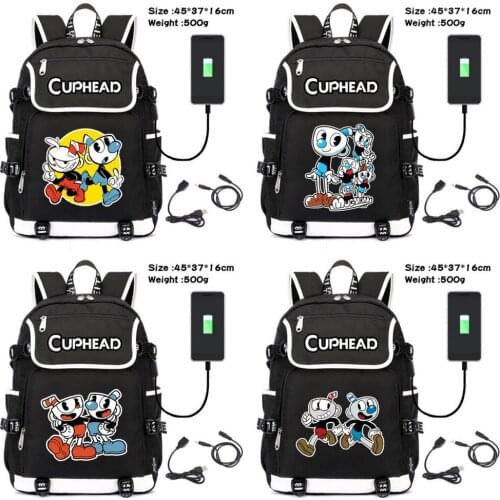 Game Cuphead Mugman Canvas Packsack Teenagers Zip Schoolbag Unisex USB Charging Shoulders Travel Laptop Bag Cartoon Backpack